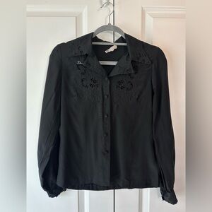Vintage Peony 100% Silk Floral Embroidered Button Down Blouse Black (Sz 34/US2)